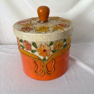 Vintage floral orange 70s paper mache storage canister home decor accent trinket